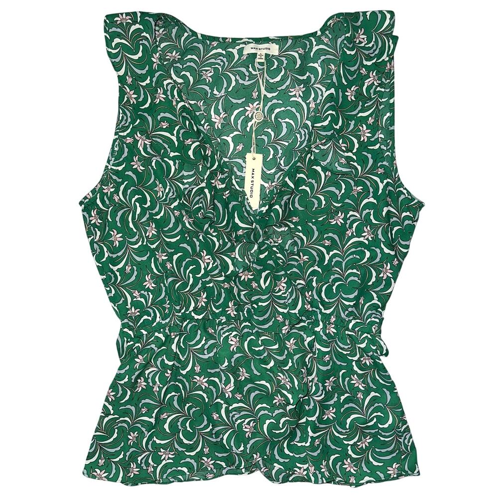 NWT Max Studio Green Floral Tie Waist Ruffle V-Neck Sleeveless Blouse Size L